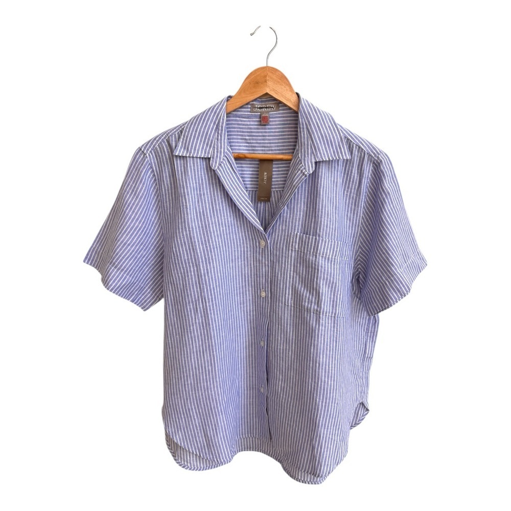 J Crew Linen Cotton Short Sleeve Button Up Blue Stripe Pajama Top Women Size S